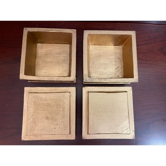 Set Of Heavy Stoneware Gold Trinket Boxes Decorative Topiary Tree On Each Lid - Picture 6 of 9